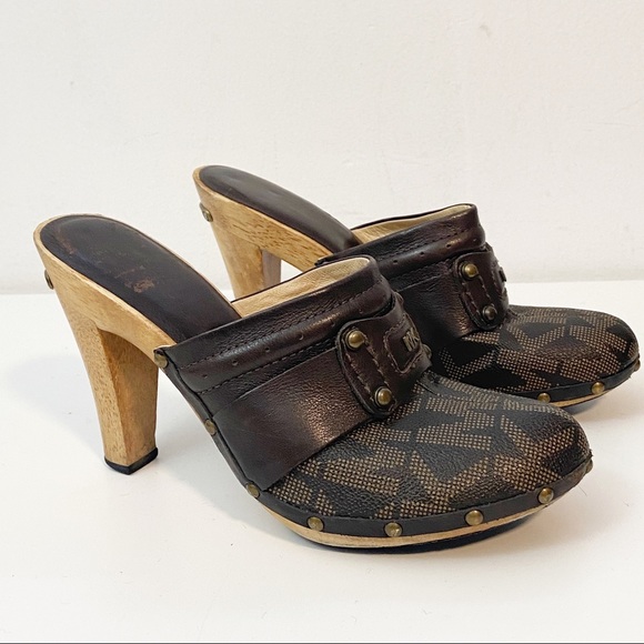 MICHAEL Michael Kors Shoes - Michael Kors Leather and Coated Canvas Clog Mule with Wooden Heel size 6